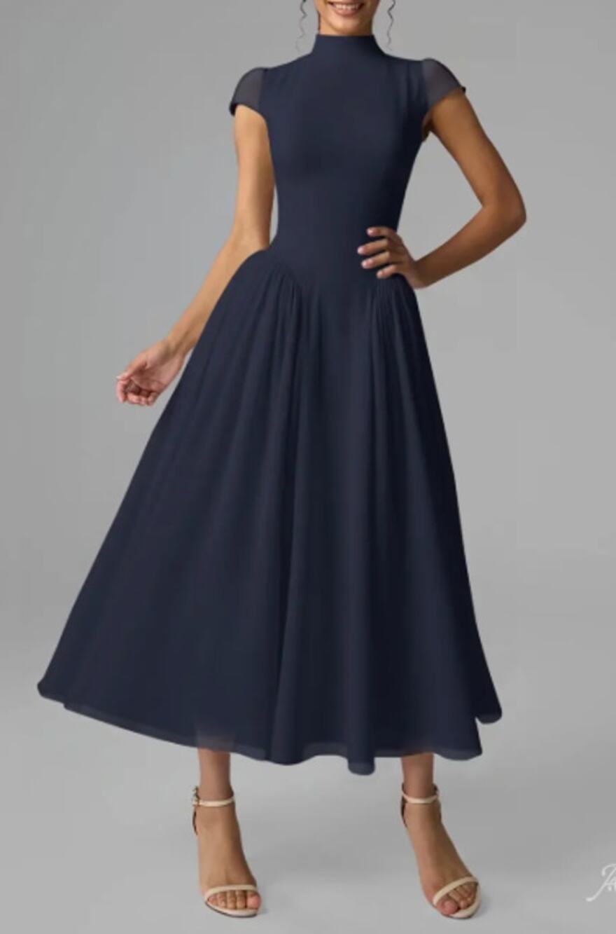 AW BRIDAL 10 L dark navy blue Aimee chiffon formal party midi dress NEW B21